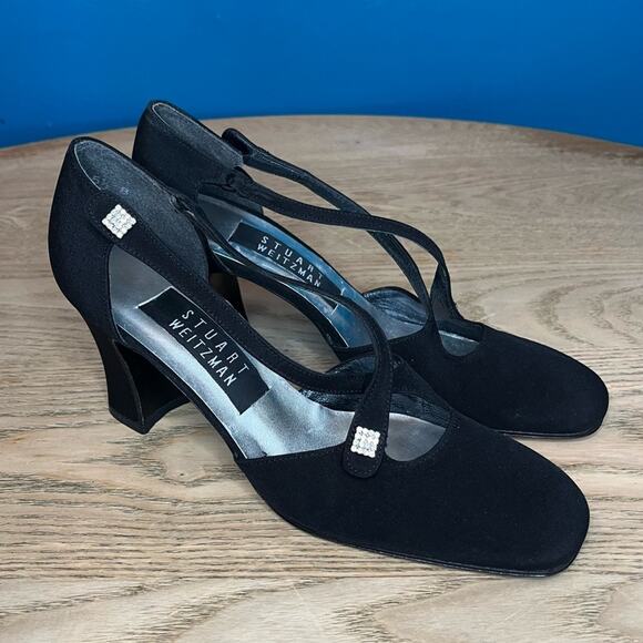 Stuart Weitzman Vintage 90s Cross Strap Black Satin Heels Pumps Women’s 5.5 - Picture 1 of 9